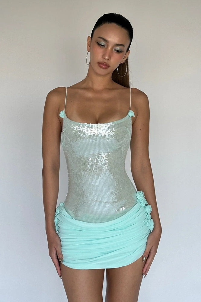 Sexy Sheer Sling Slim Floral Sequin Dress