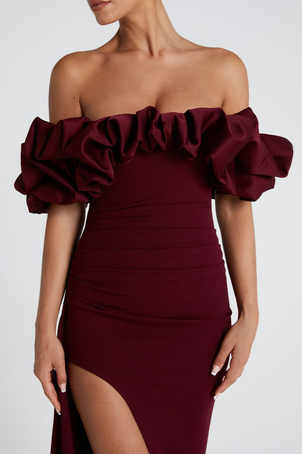 Elegant Off Shoulder Ruched Bodycon Mermaid Split Formal Dress