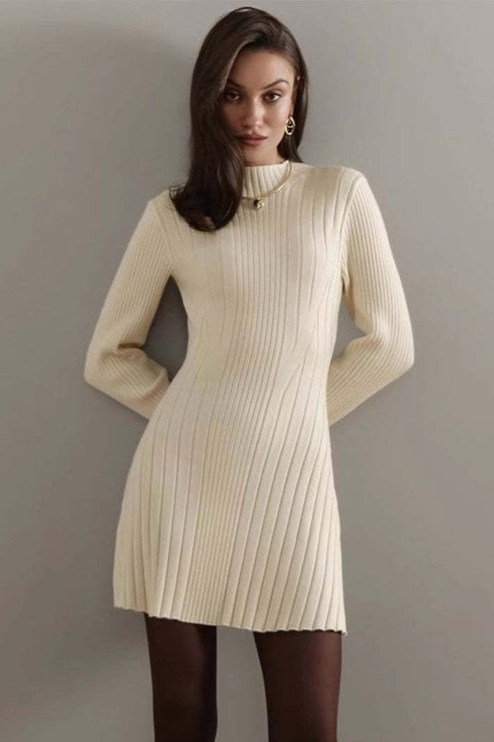 Elegant Playful Mock Neck Long Sleeve A-Line Mini Knit Sweater Dress