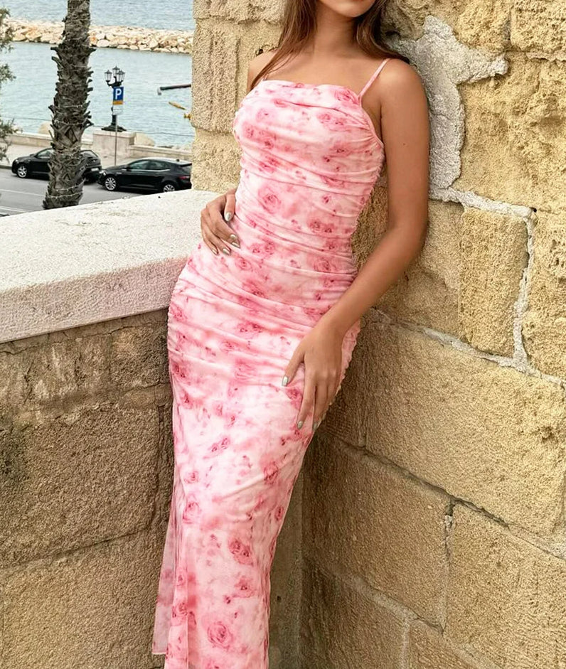 Ruched Spaghetti Strap Backless Floral Dress