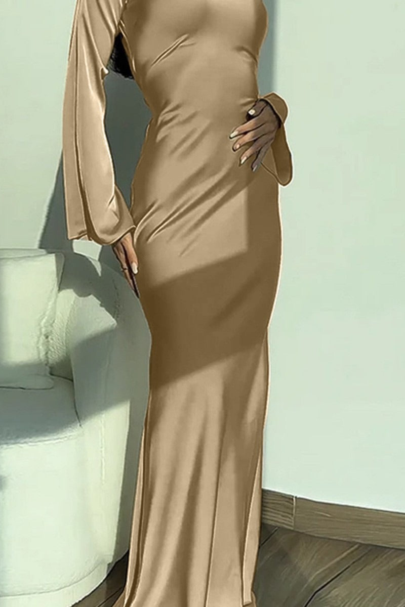 Round Neck Long Sleeve Tie-Waist Silk Dress