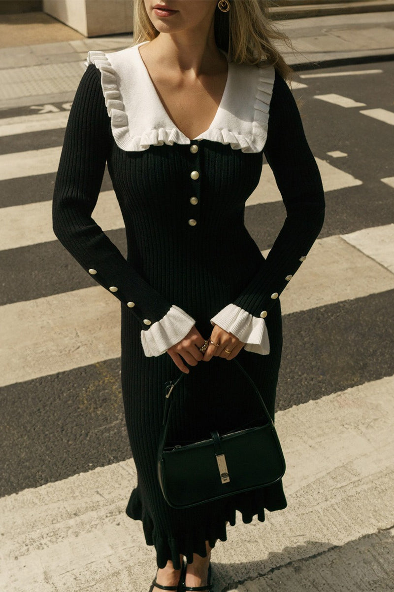 Chic Ruffled Collar Knitted Maxi Sweater Dress