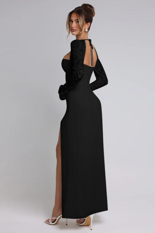 Plunge Neckline Lace Slit Party Dress