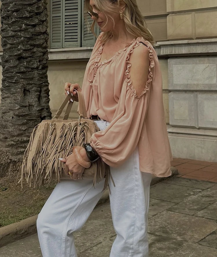 Off-Shoulder Chiffon Laced Long Sleeve Blouse