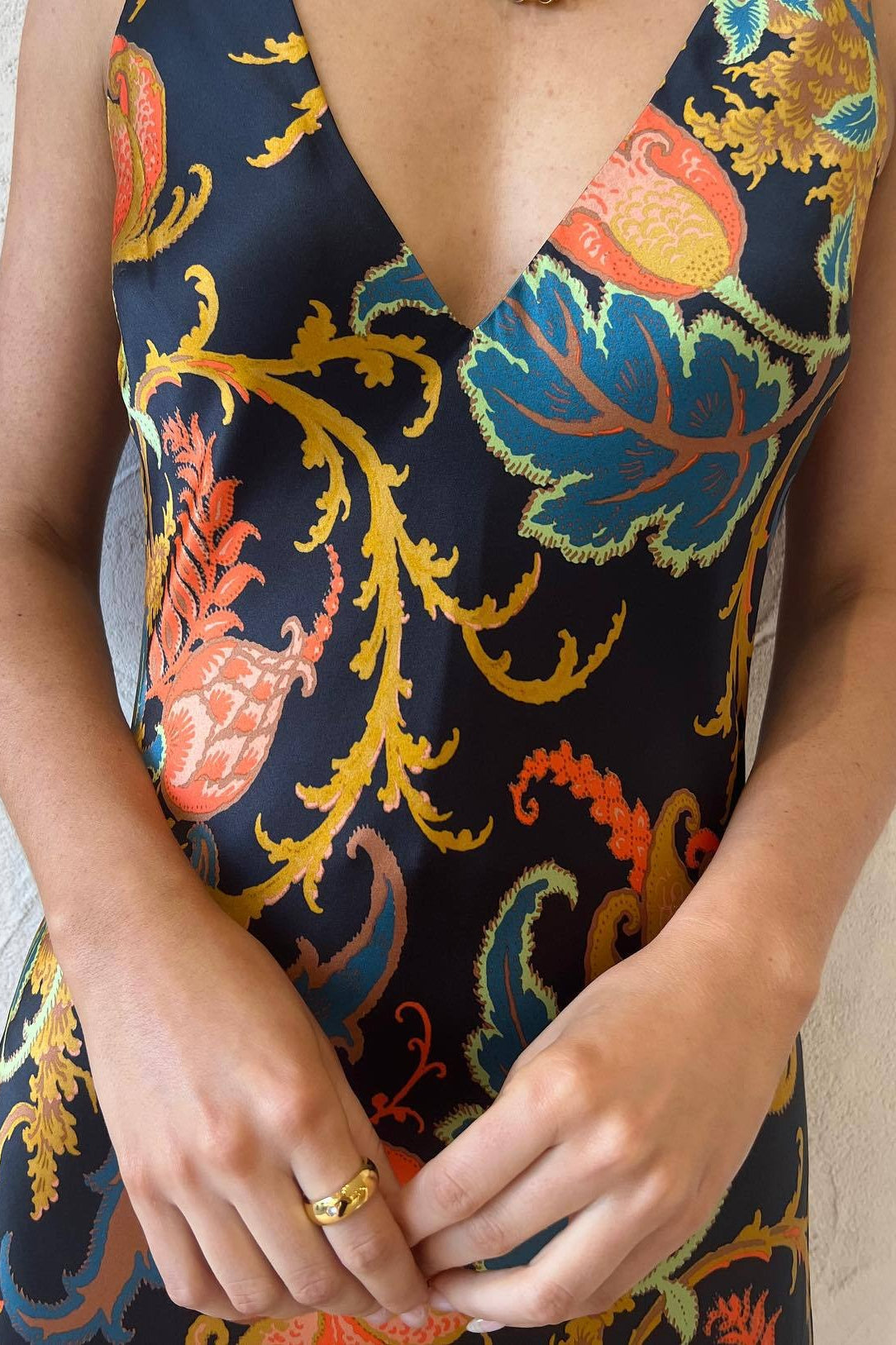 Satin V-Neck Floral Maxi Silk Dress