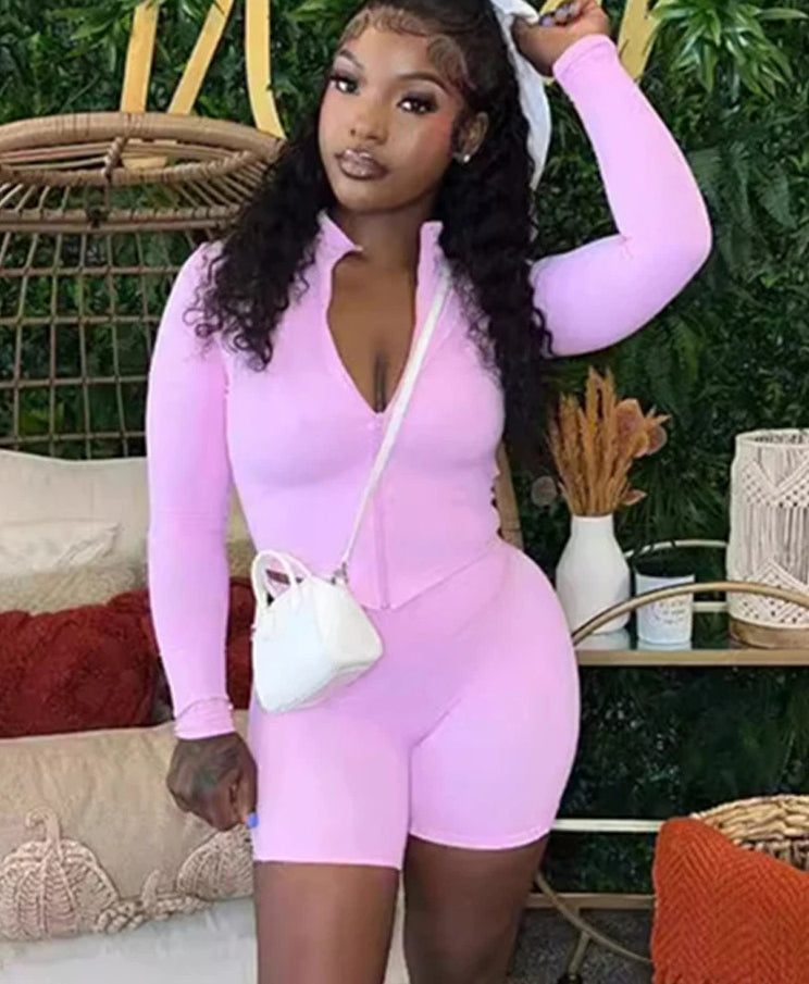 Zipper Turtleneck Long Sleeve Jacket Black Two Piece Shorts Set