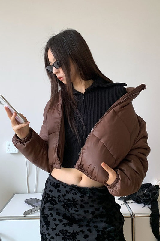 Brown Stand Collar Puffer Coat