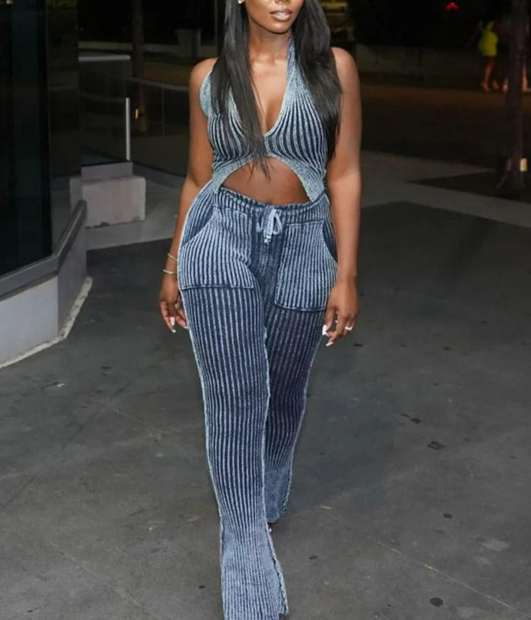 Patchwork Striped Crochet Two Piece Pants Set