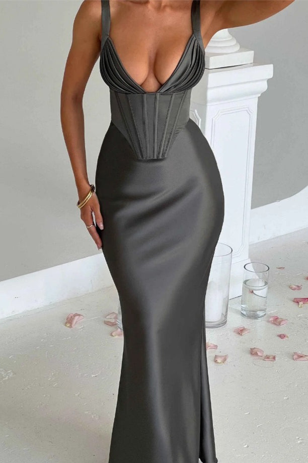 V-Neck Bone Detail Silk Dress