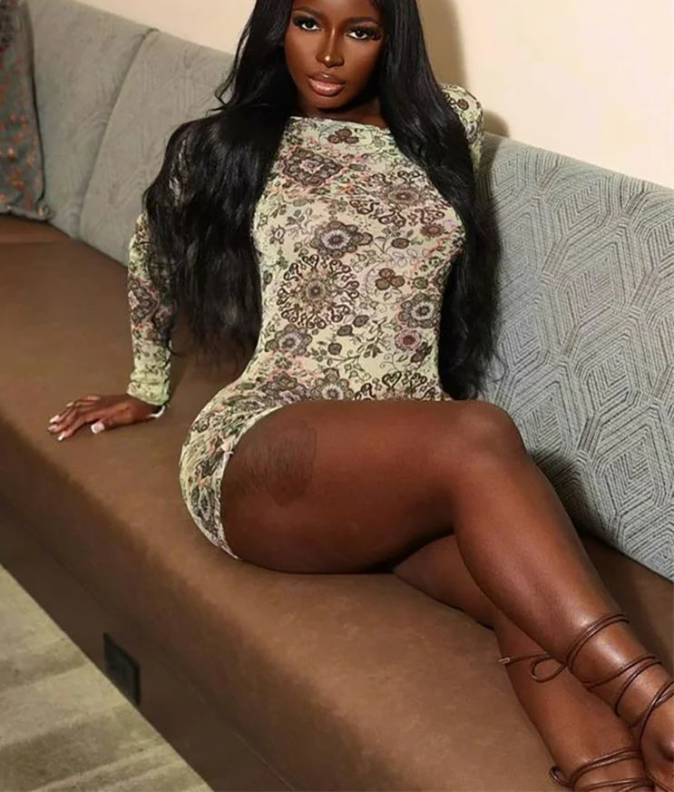 Mesh Print Backless Long Sleeve Romper