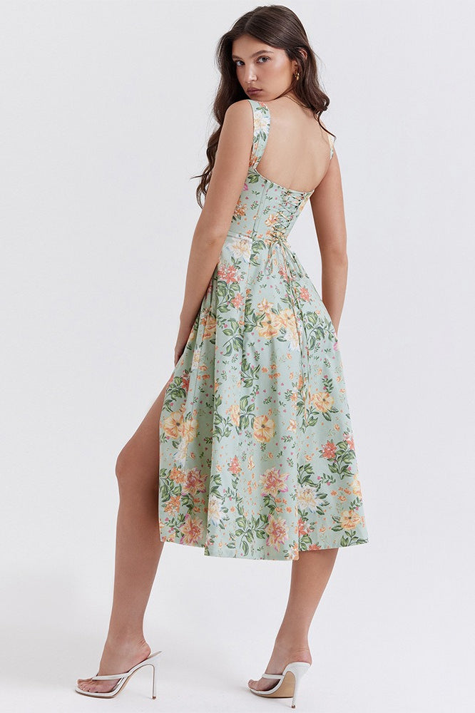 Floral Boned Spaghetti Strap Party Dress