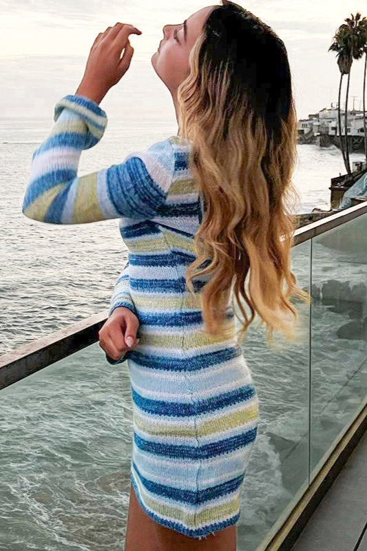 Striped Knit Backless Bell-Sleeve Sweater Dress