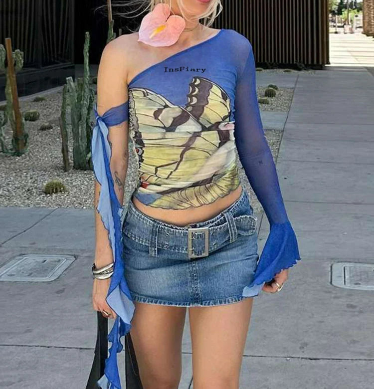 Mesh Butterfly Printed Sheer Top