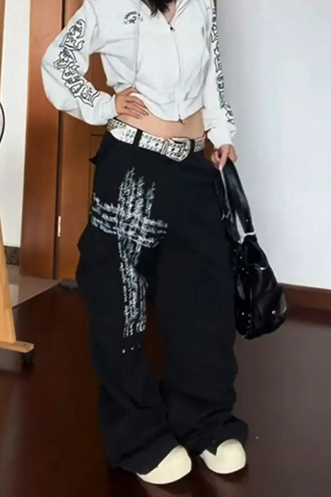 Letter Print Wide-Leg Baggy Jeans
