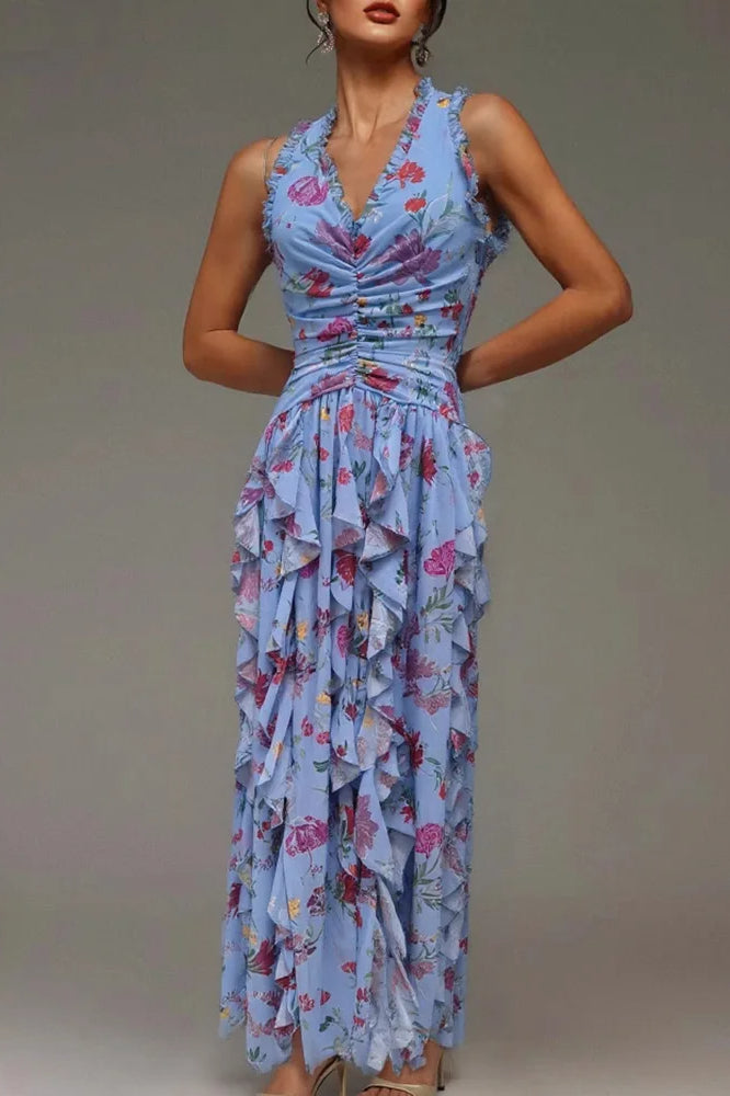 Sleeveless Hollow Maxi Floral Dress