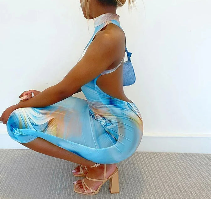 Tie Dye Print Sleeveless Backless Midi Dress