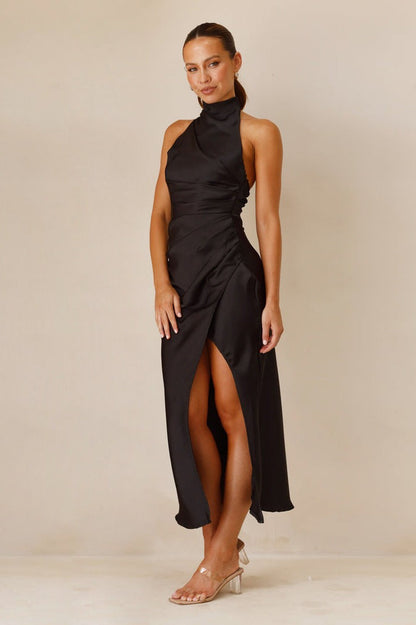 Sexy Halter Slim Solid Color Slit Sleeveless Maxi Cocktail Dress