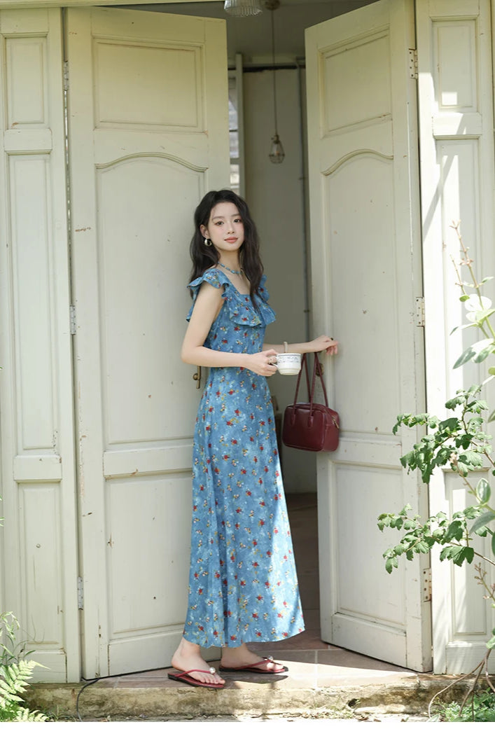 V-Neck Ruffled Midi Floral Dress