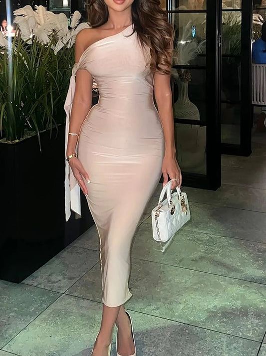 Lace Up Diagonal Collar Midi Dress