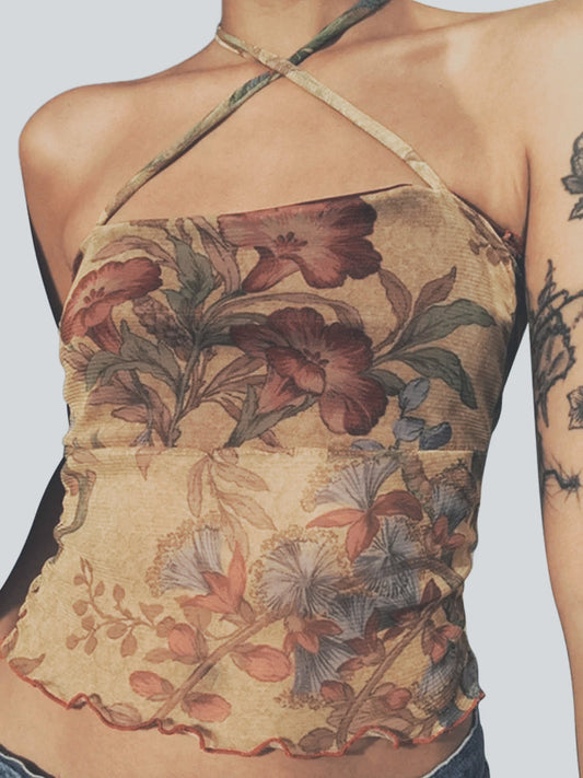 Y2K Mesh Sheer Floral Halter Slim Fit Cami Top