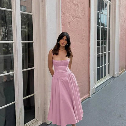 Spaghetti Strap Slim A-Line Midi Dress