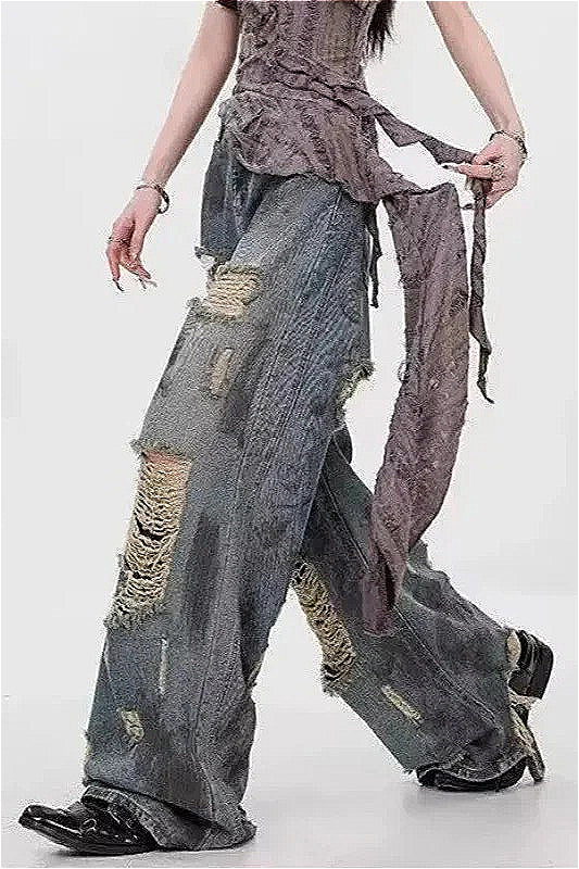 Ripped Mid Rise Straight Leg Jeans