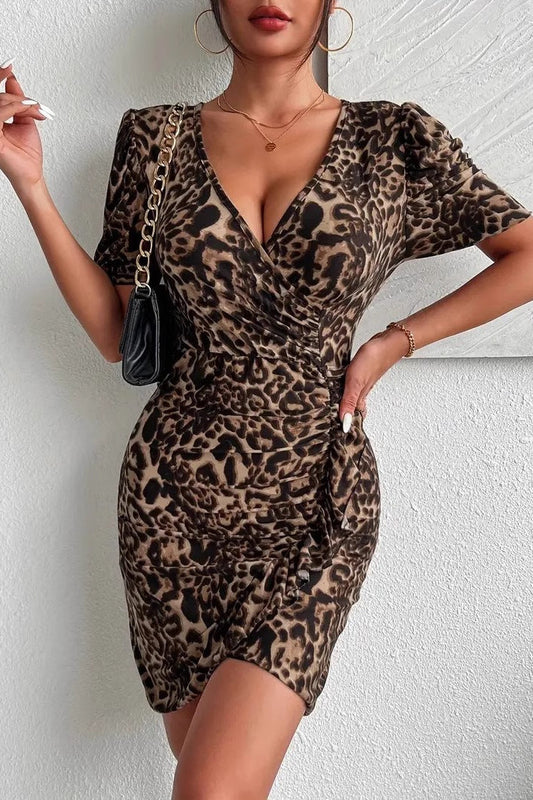 Sexy Leopard Print V Neck Bodycon Elegant Cocktail Dress