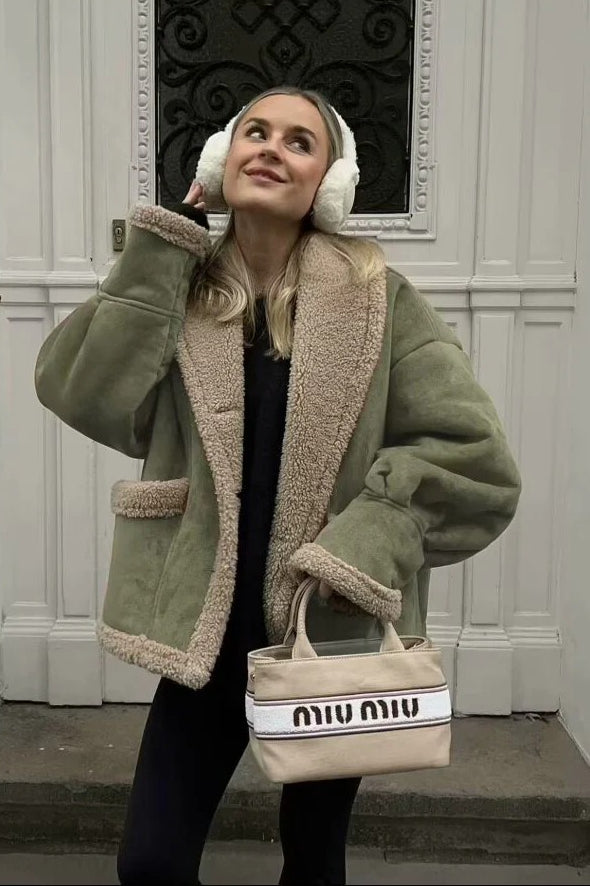 Lapel Faux Suede Shearling Coat