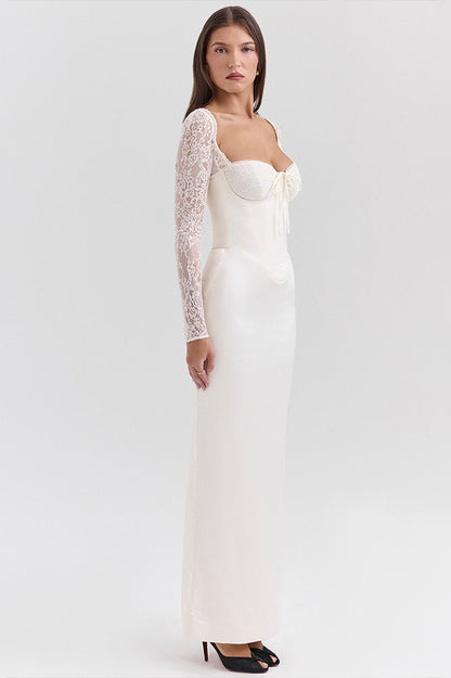 Long Sleeve Lace Satin Maxi Dress