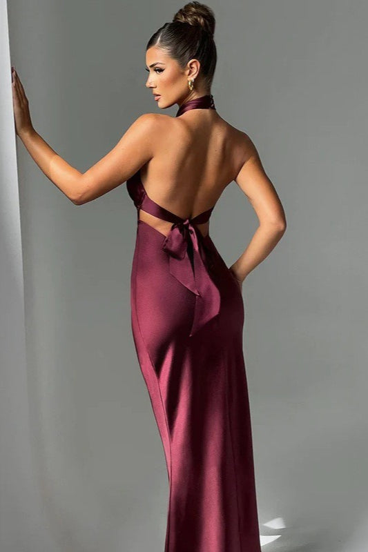 Satin Backless Tie Sleeveless Chic Elegant Formal Dress