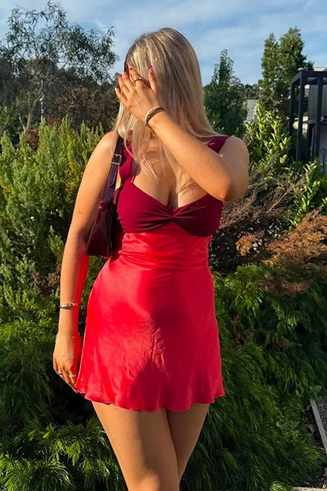 Sexy Satin Color Block Backless Cami Bodycon Mini Silk Dress