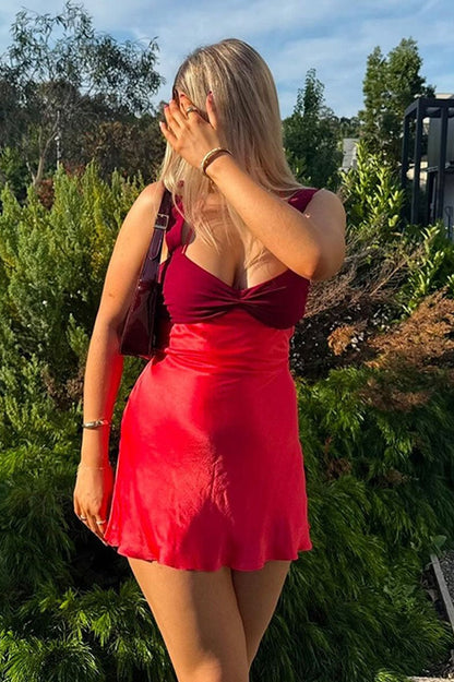 Sexy Satin Color Block Backless Cami Bodycon Mini Silk Dress