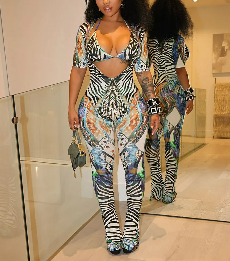 Color Print Halter Two Piece Pants Set