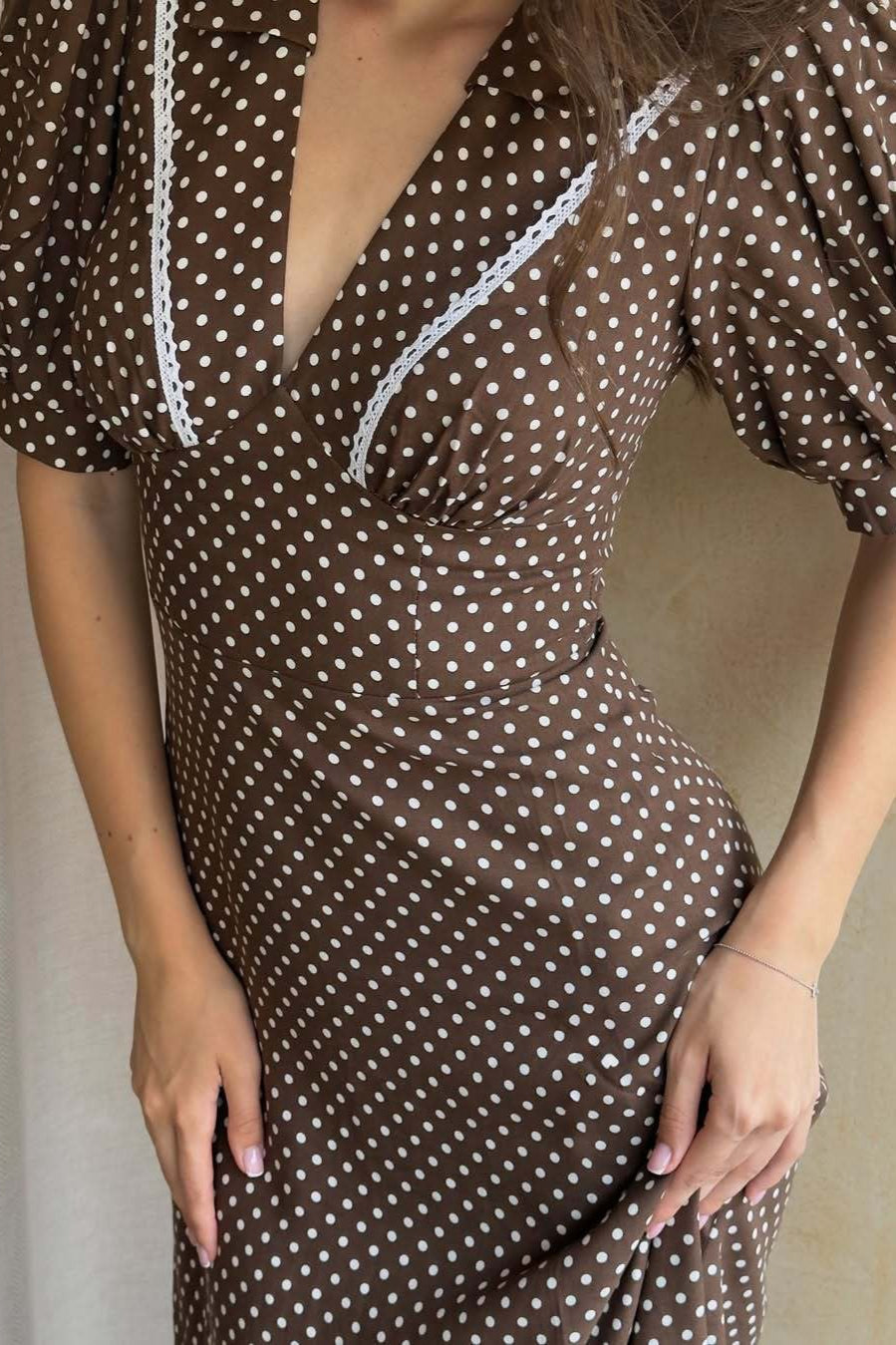 Polka Dot V-Neck Puff Sleeve Bodycon Maxi Dress