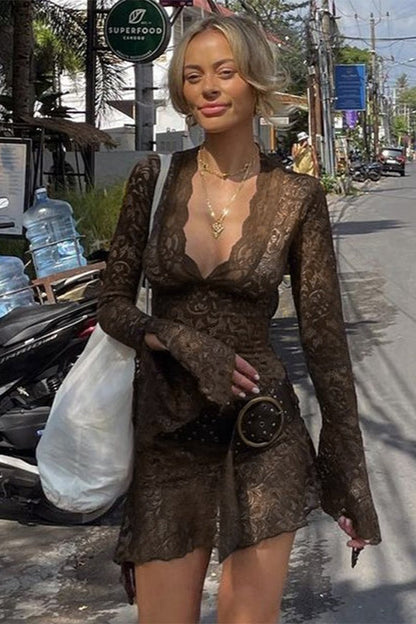 V Neck Bell Sleeve Sheer Lace Dress