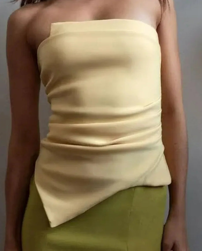 Asymmetric Pleated Yellow Strapless