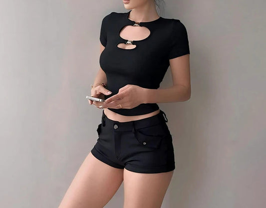 Hollow Out Black Slim Fit Crop Top