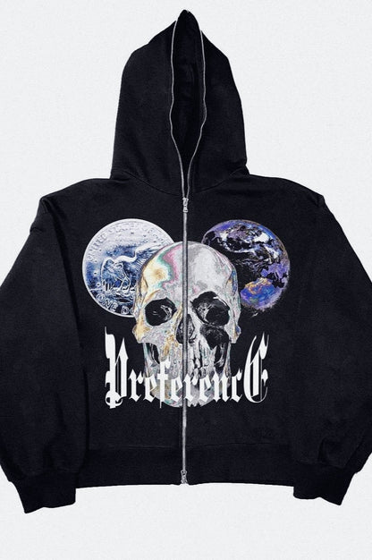 Skull Print Zipper Hoodie