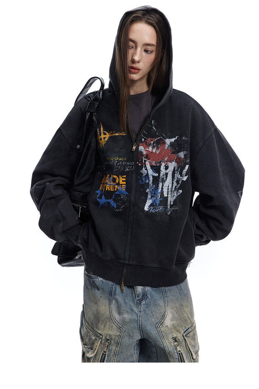 Street Style Graffiti Zip-Up Hoodie