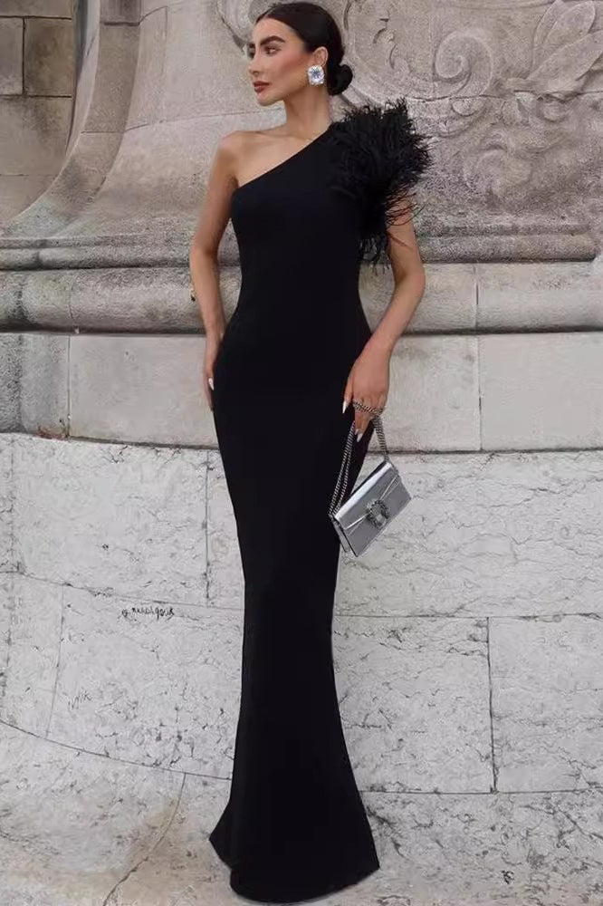 One-Shoulder Feather Trim Party Dress