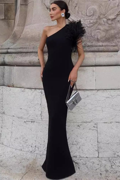 One-Shoulder Feather Trim Party Dress