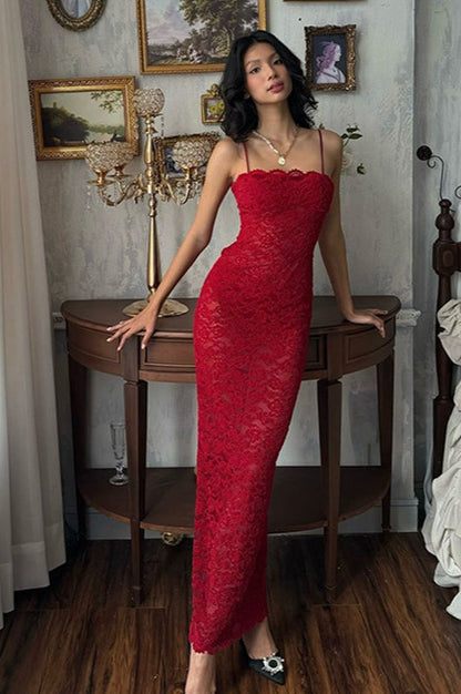 Red Strapless Cami Maxi Lace Dress