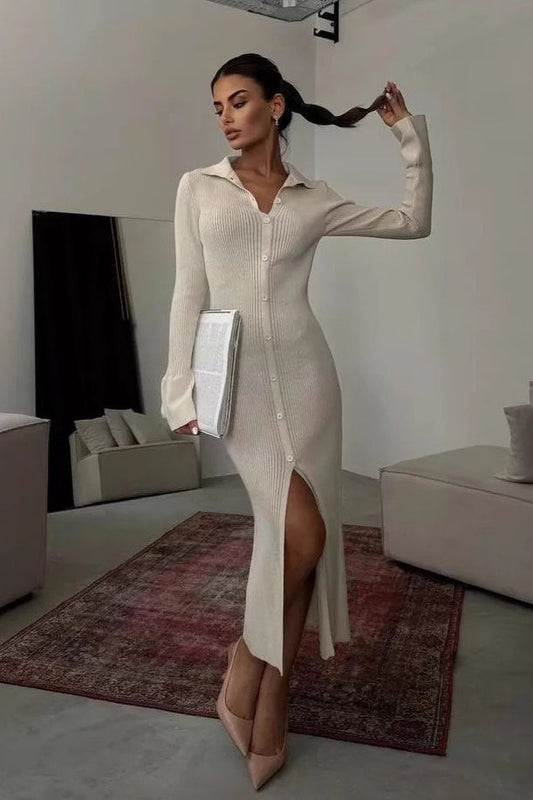 Collar Button Down Knit Fitted Bodycon Split Long Sweater Dress