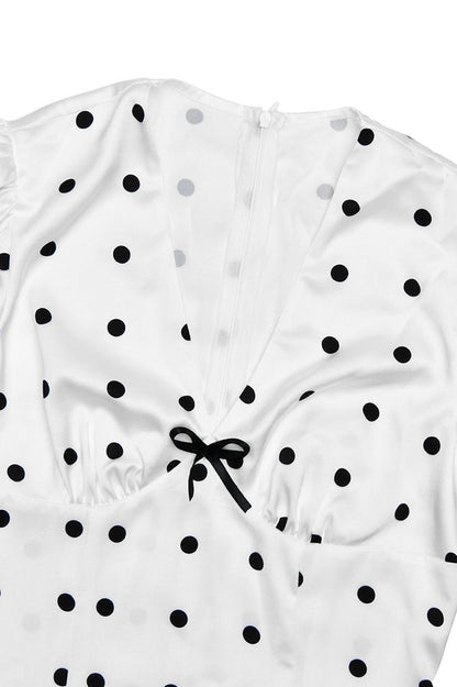 Polka Dot V-Neck Puff Sleeve Waist Tie Bodycon Maxi Dress