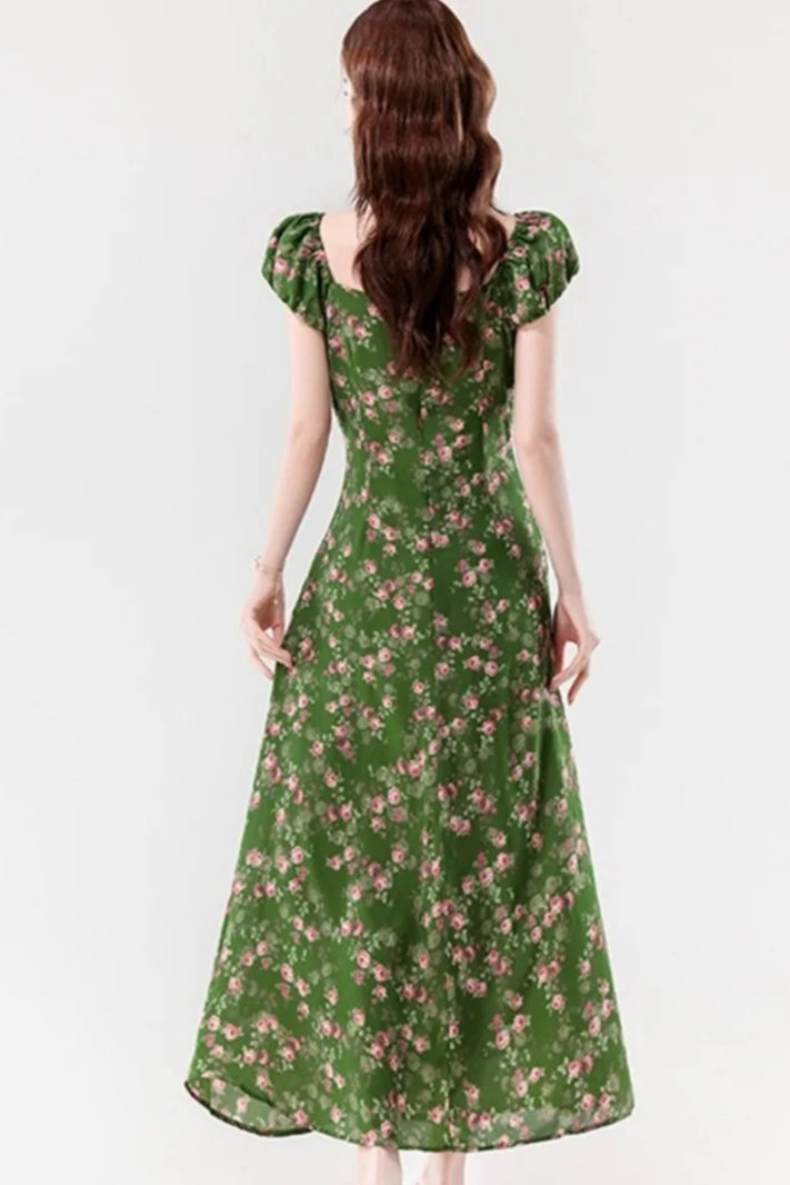 Retro Slim Green V-Neck Floral Dress