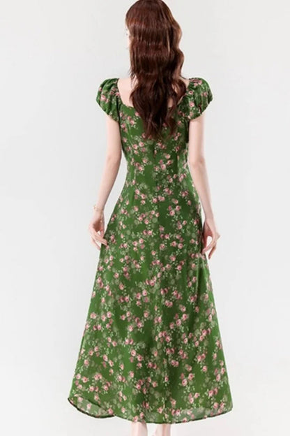 Retro Slim Green V-Neck Floral Dress
