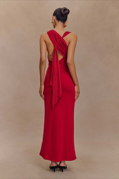 Cross-Tie Low-Back Maxi Party Dress