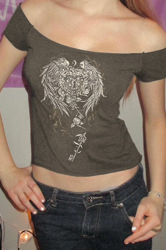 Y2K Wing Graphic Off-Shoulder T-Shirt
