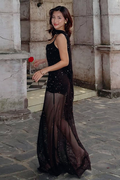 Solid Sheer Hem Slip Dress