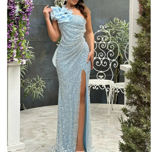 Sequin Beading One Shoulder Prom Dress